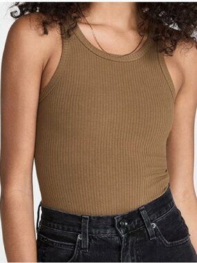 Good American Chunky Rib Sleeveless Tank Thong Bodysuit Stretch Olive sz 1 S
